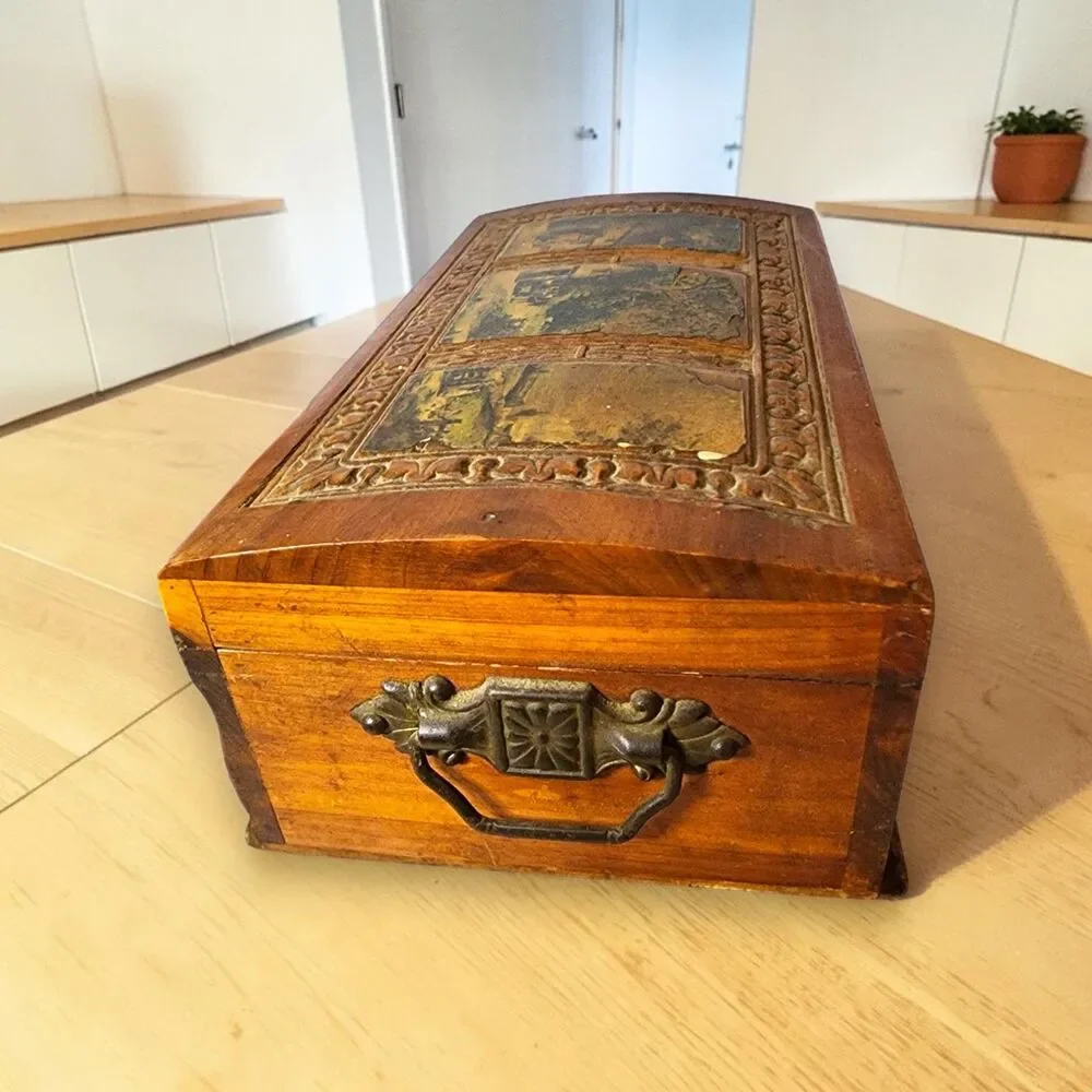 Vintage Carved Cedar Wood Jewelry Box Mirror Cottage Scene Footed Keepsake